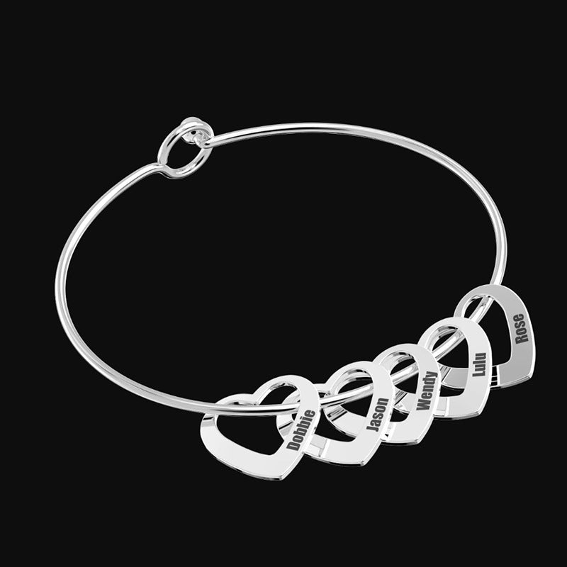 Color: 2 round button steel color - Stainless Steel Bangle Letter Personalized Bracelets with Hearts Customized Engraved Names Bracelets