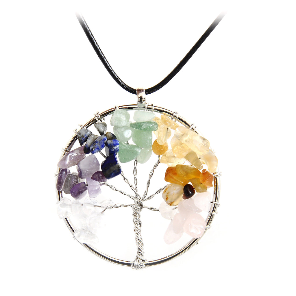 Tree-shaped pendant with multicolored stones on a white background