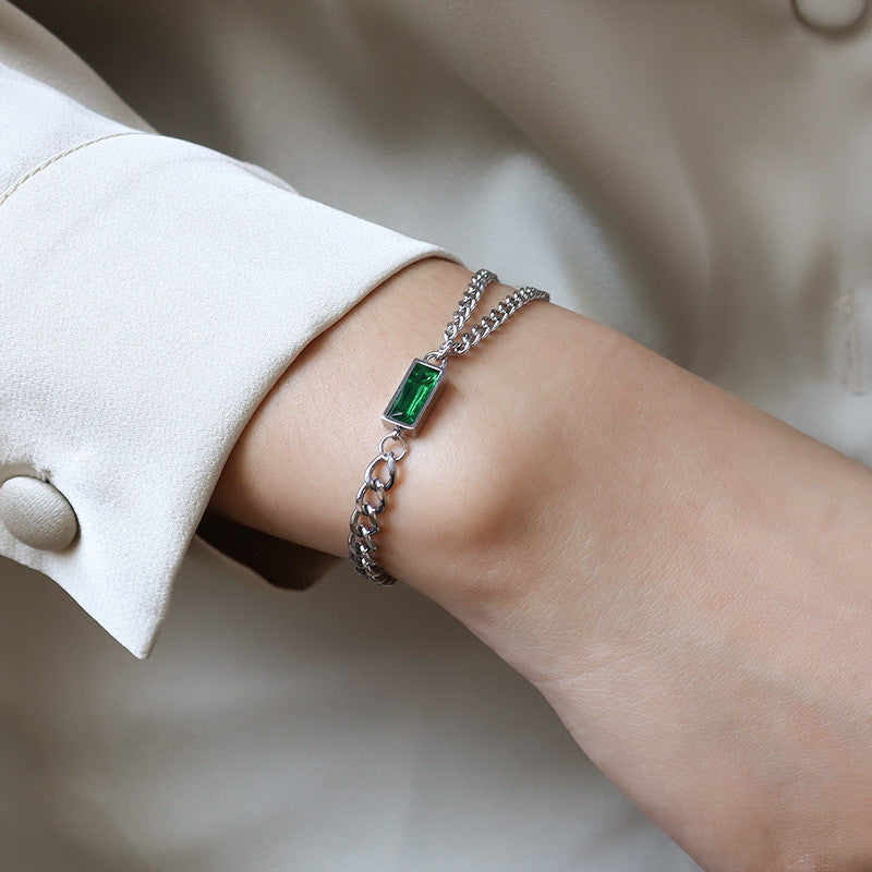 Color: Silver - Chain Zircon Double Chain Stacked Necklace Women Bracelet