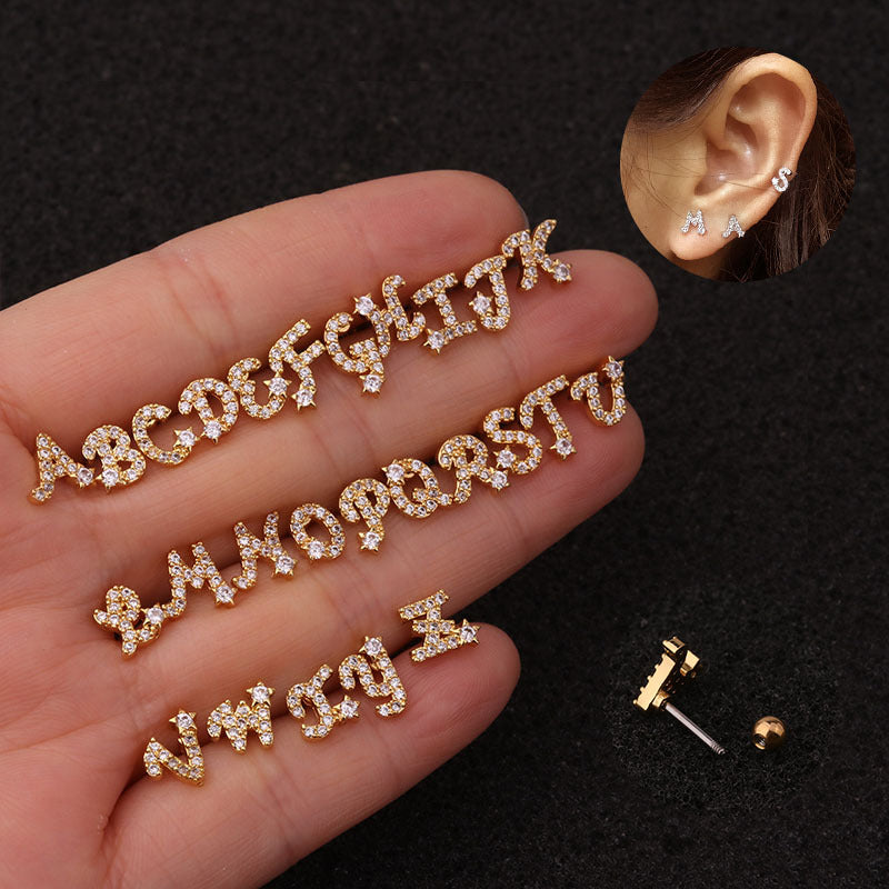 Color: Silver, style: D - 26 English Alphabet Earrings Micro-Inlaid Zircon Screw Earrings Female Stainless Steel Ear Bone Studs