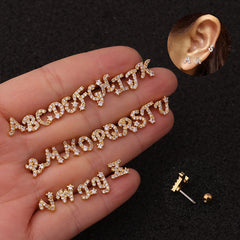 Color: Silver, style: D - 26 English Alphabet Earrings Micro-Inlaid Zircon Screw Earrings Female Stainless Steel Ear Bone Studs