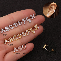 Color: Silver, style: P - 26 English Alphabet Earrings Micro-Inlaid Zircon Screw Earrings Female Stainless Steel Ear Bone Studs