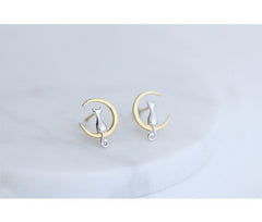 Color: 925 silver - Cute Animal Earrings Charming Lovely Cat Sit On Moon Ear Stud Earrings