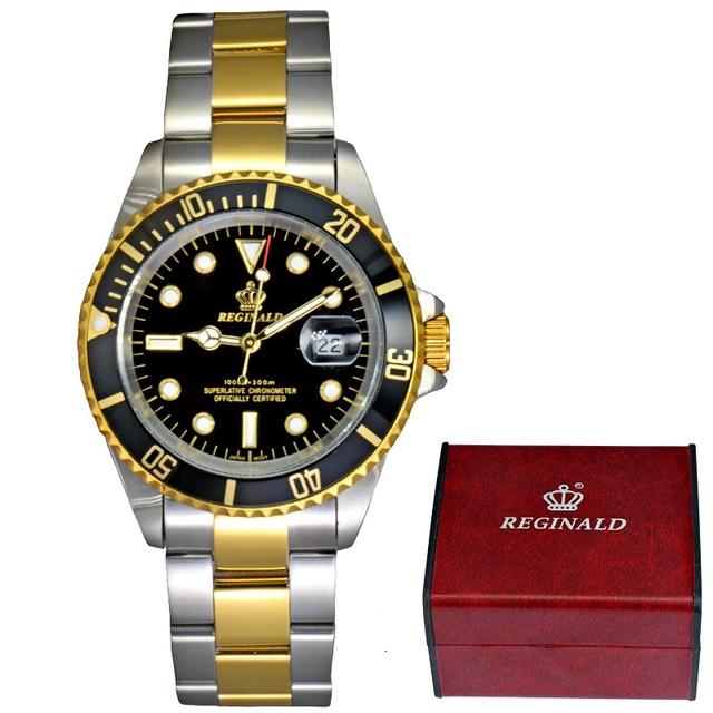 Two-tone watch with gold and silver band and black dial, next to a red watch box with 'Reginald' branding.