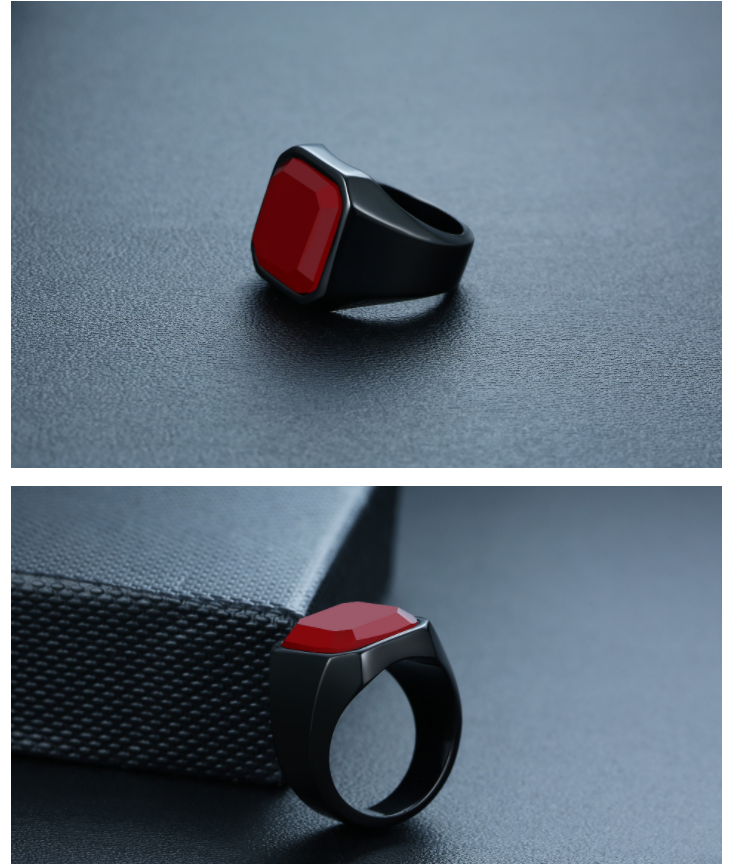 Color: Red black, Size: 11, Model: US - Men's Ring Stainless Steel Black Agate Ring Steel Color