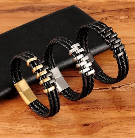 Color: Black Steel color, Size: 24cm - Woven Leather Bracelet Punk Rock Big Men's Bracelet Korean Fashion Jewelry