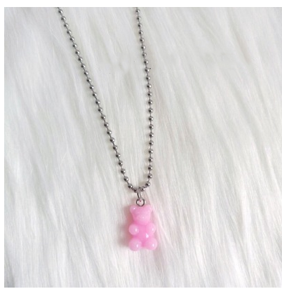 Color: Fruit pink - Gummy Bear Pendant Stainless Steel Tu Cool Girl Necklace