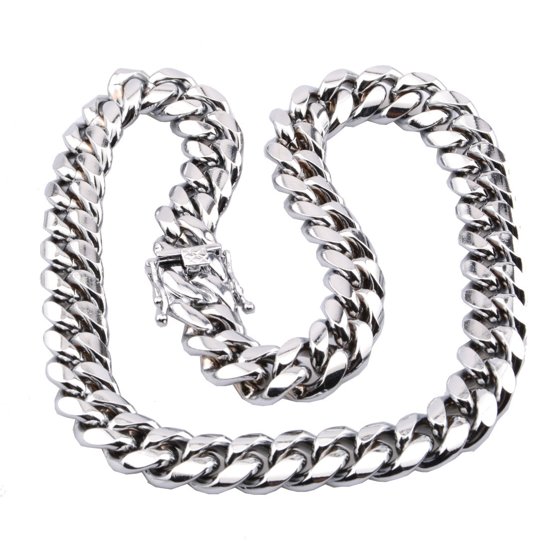 Color: 16mm 22 inches 56cm - New men's hot Cuban chain faucet buckle silver necklace stainless steel titanium steel encryption plating white steel