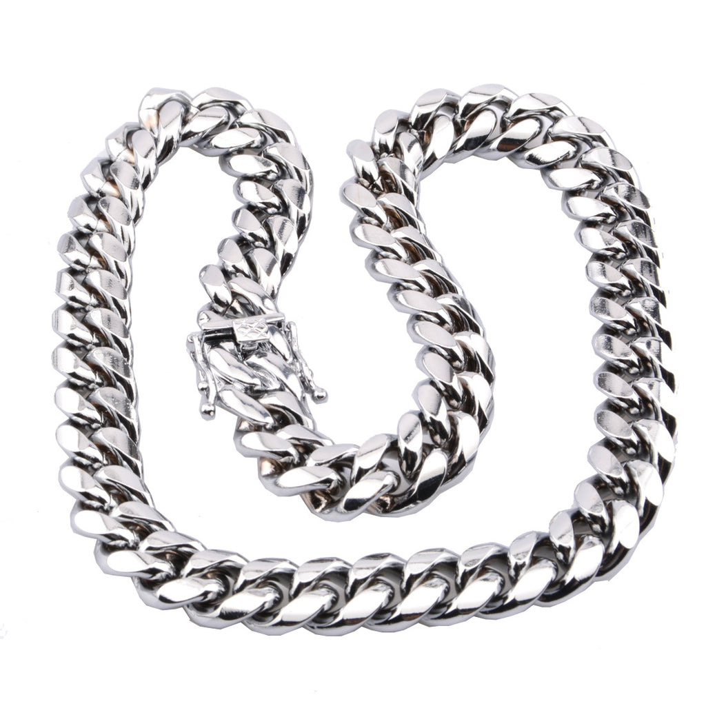 Color: 16 mm 28 inch 71 cm - New men's hot Cuban chain faucet buckle silver necklace stainless steel titanium steel encryption plating white steel