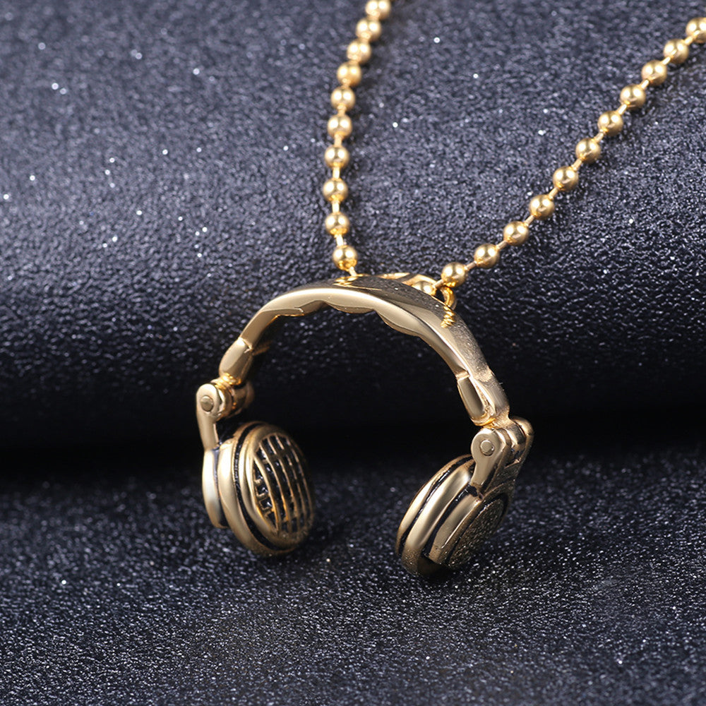 Color: Gold - Music Headphones Titanium Steel Pendant
