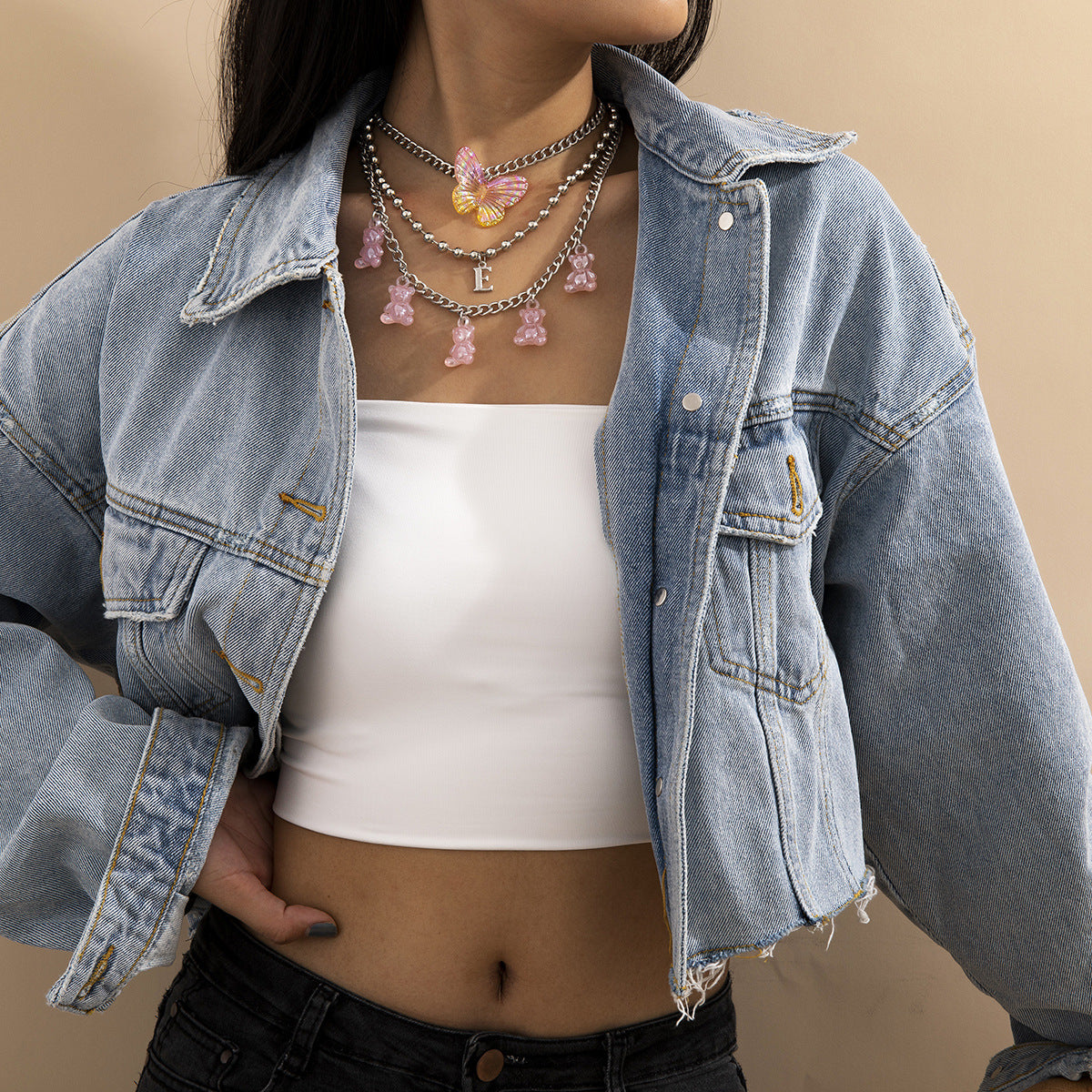 Simple Multi-layer Round Bead Chain Necklace Female Retro Bear Butterfly Pendant Necklace Set