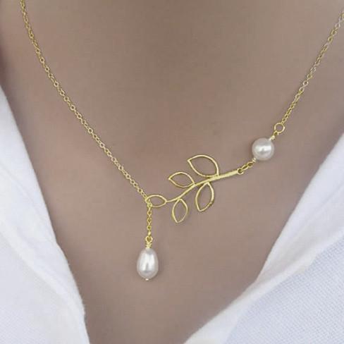النمط: عقد لاريات بقطعتين من اللؤلؤ، اللون: ذهب أصفر - عقد لاريات لآلئ الفرح بطلاء الذهب الأبيض والذهب الأصفر