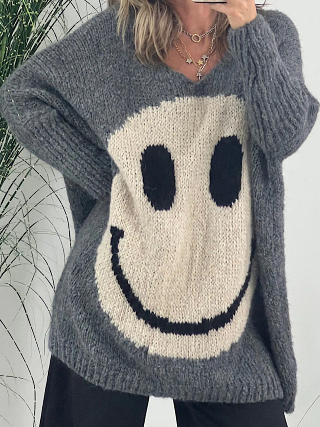 Smiling Face V-Neck Long Sleeve Sweater