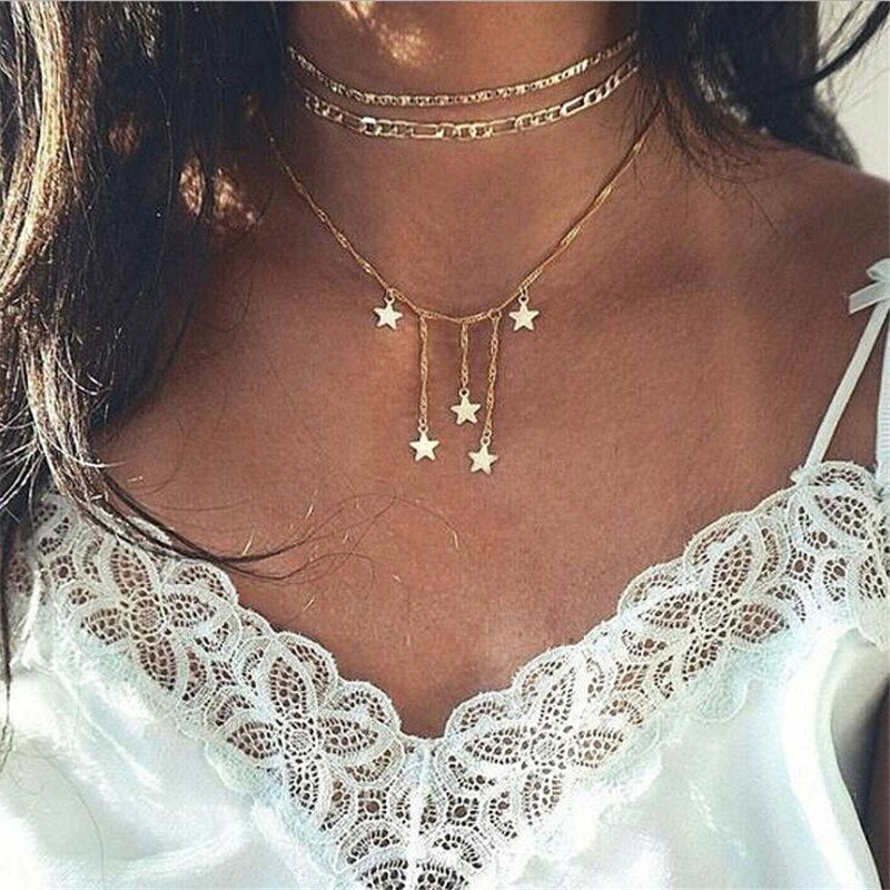 Color: Gold, Style: 3style - Clavicle chain short necklace pendant sweater chain