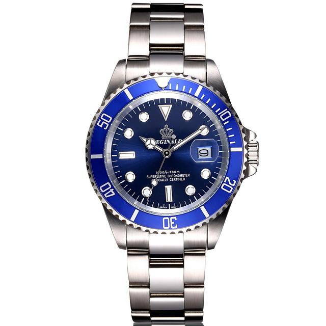 Silver watch with a blue bezel on a white background