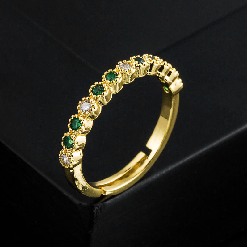 New Ring Fashion Ins Trend Copper Plated 18K Gold Inlaid Colored Zircon Open Adjustable Ring