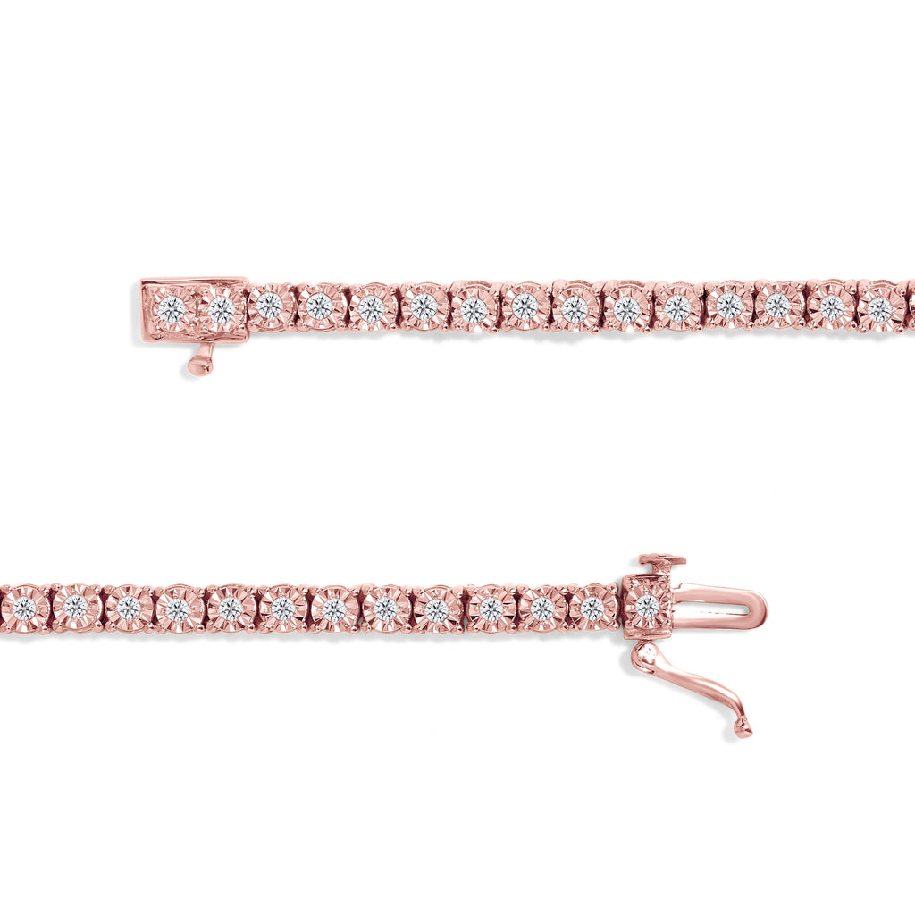 10K Rose Gold Plated .925 Sterling Silver 1.0 Cttw Miracle-Set Diamond Round Faceted Bezel Tennis Bracelet (I-J Color, I3 Clarity) - 7"
