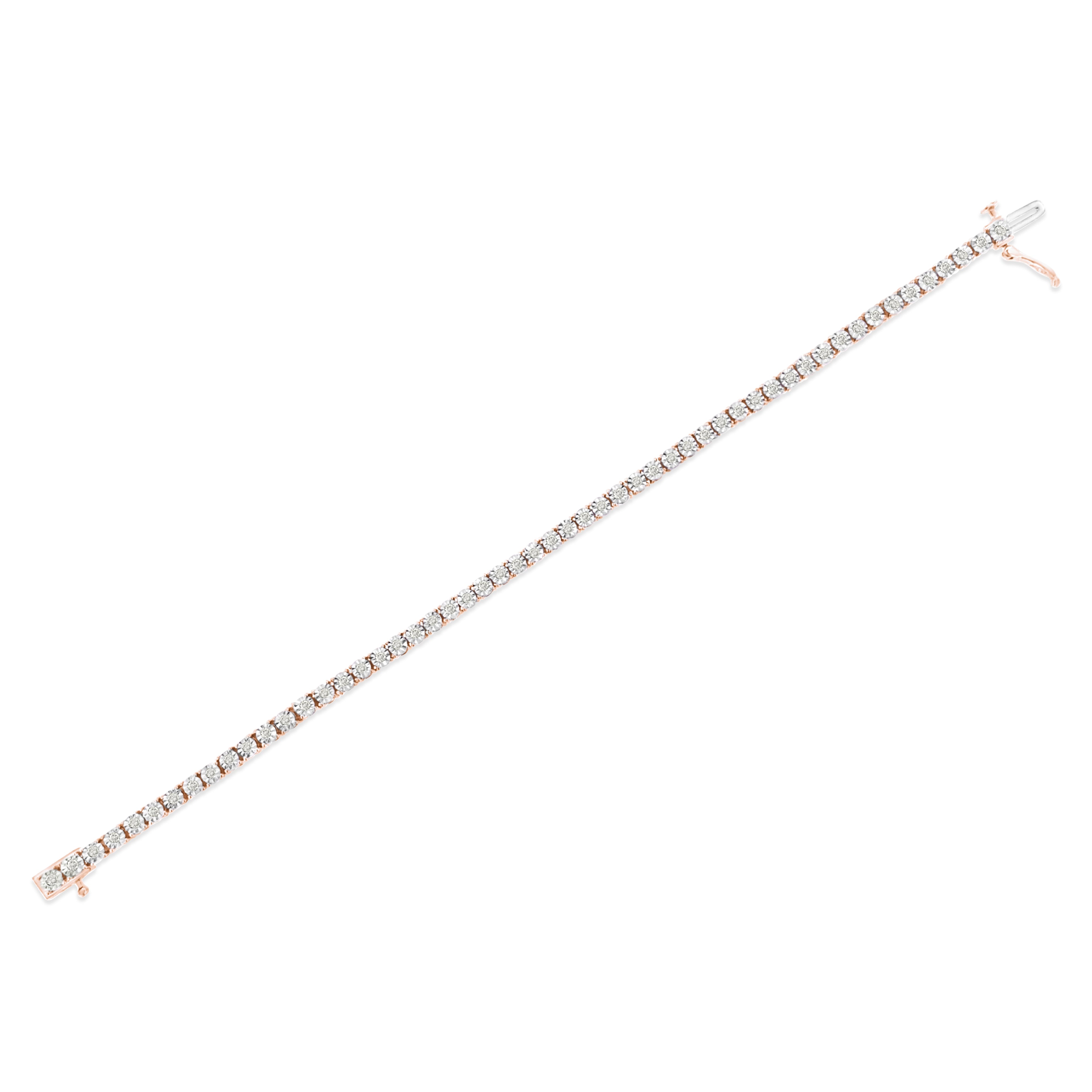 10K Rose Gold Plated .925 Sterling Silver 1.0 Cttw Miracle-Set Diamond Round Faceted Bezel Tennis Bracelet (I-J Color, I3 Clarity) - 7"