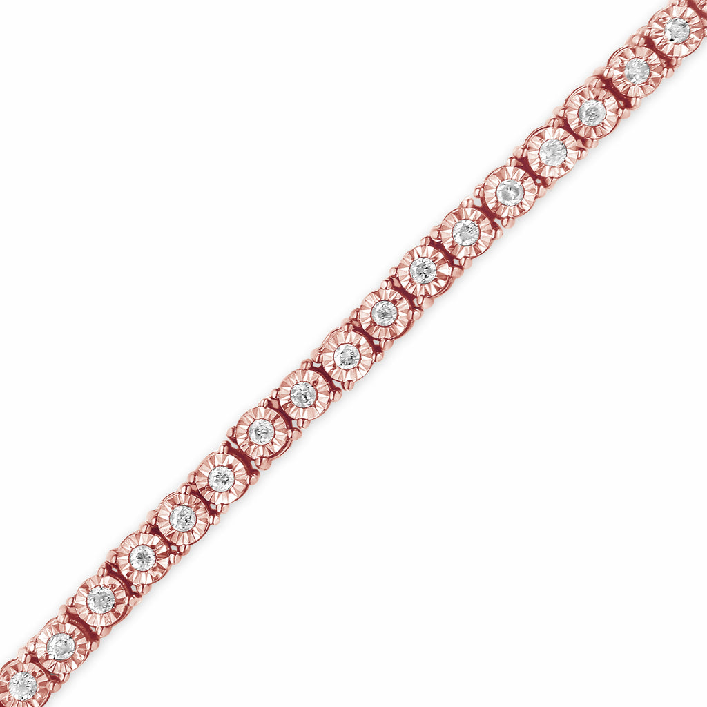 10K Rose Gold Plated .925 Sterling Silver 1.0 Cttw Miracle-Set Diamond Round Faceted Bezel Tennis Bracelet (I-J Color, I3 Clarity) - 7"