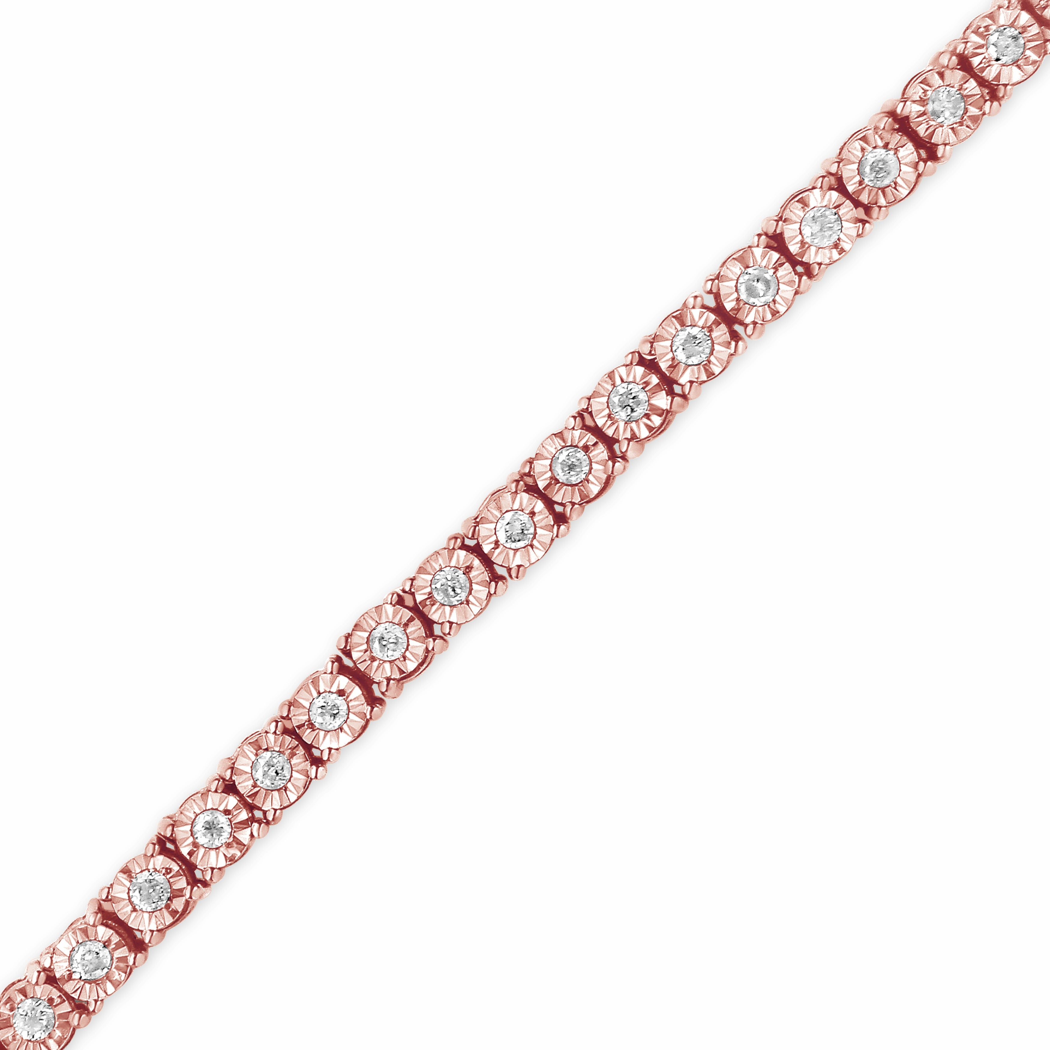 10K Rose Gold Plated .925 Sterling Silver 1.0 Cttw Miracle-Set Diamond Round Faceted Bezel Tennis Bracelet (I-J Color, I3 Clarity) - 7"