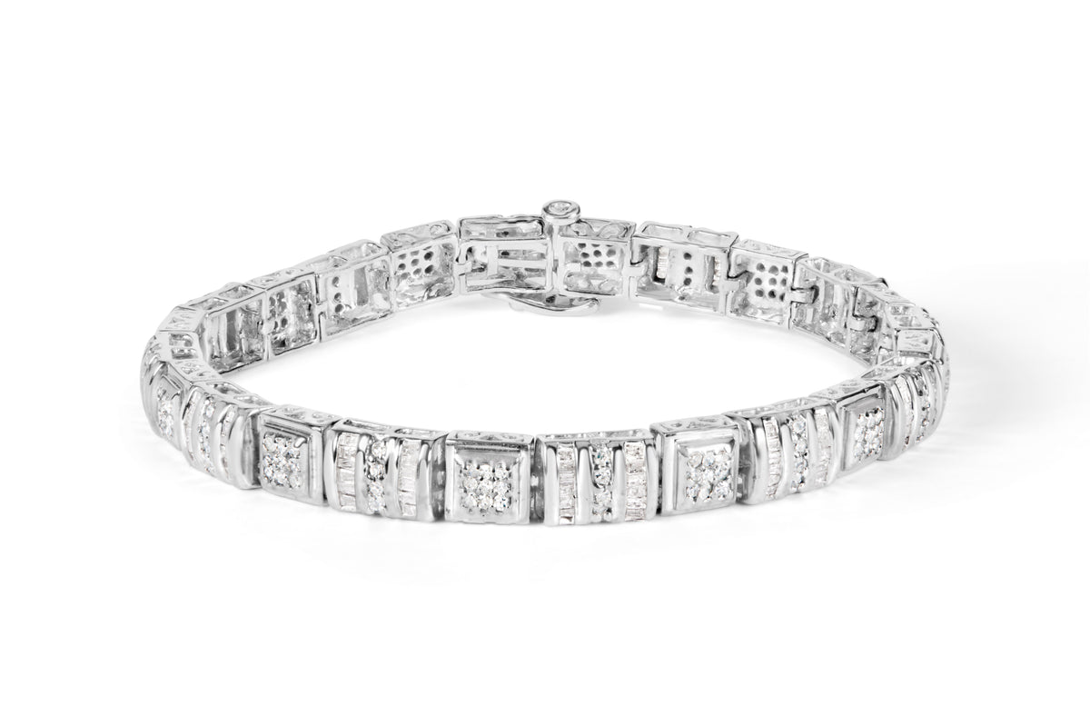 10K White Gold Round and Baguette Cut Diamond Bracelet (2.00 cttw, H-I Color, I2-I3 Clarity)