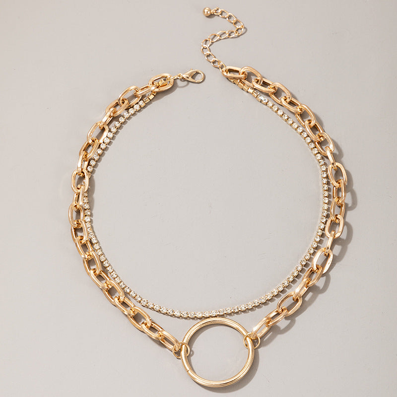 Color: Thin chain - Thin And Thick Chain With Diamond Circle Hollow Necklace