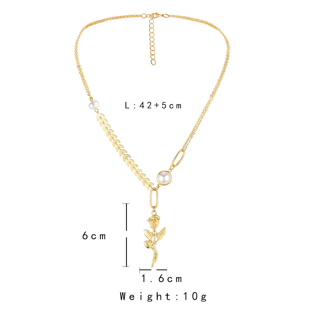 Fashion Rose Pendant Wheat Ear Chain Pearl