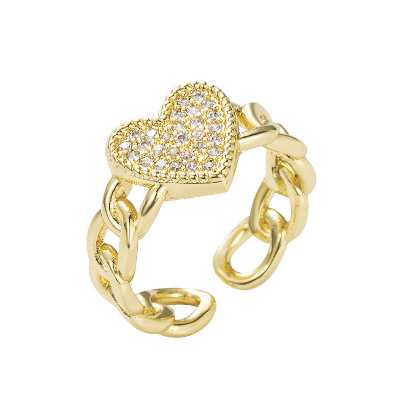 Fashion Copper-Plated Real Gold Micro-Set Zircon Love Ring Personality Temperament Open Ring Accessories Women
