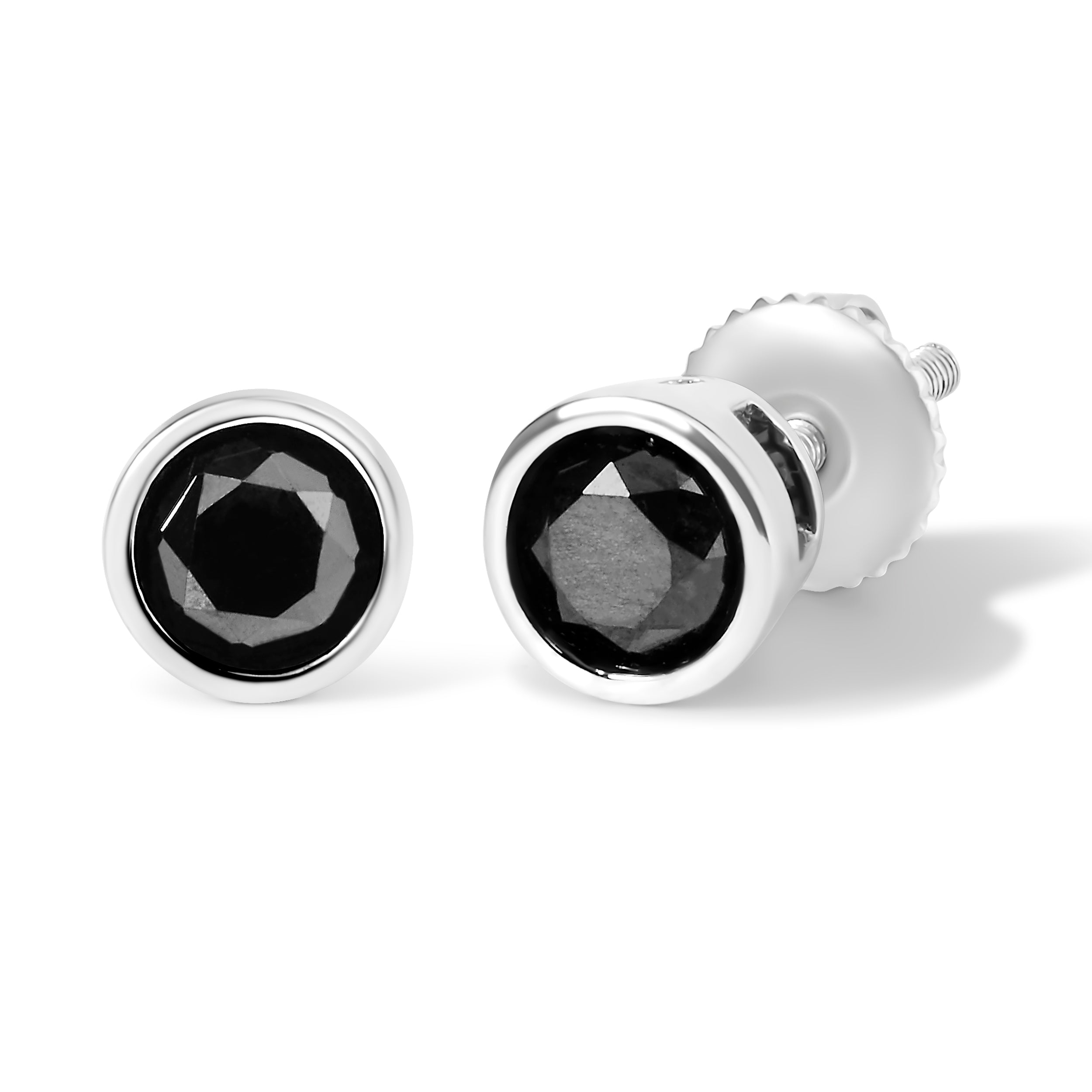 .925 Sterling Silver 2.00 Cttw Round Brilliant-Cut Black Diamond Bezel-Set Stud Earrings with Screw Backs (Fancy Color-Enhanced, I2-I3 Clarity)