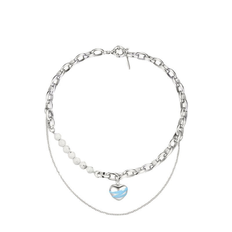 Dripping Oil White Turquoise Heart-shaped Necklace Stitching Clavicle Chain