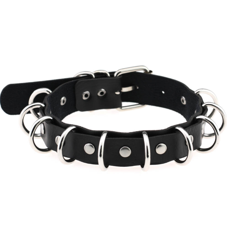 Color: Black - Punk style exaggerated double leather necklace metal multi-ring collar