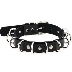 Color: Black - Punk style exaggerated double leather necklace metal multi-ring collar