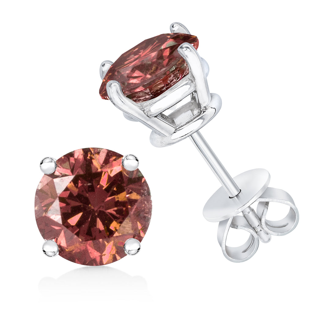 14K White Gold 3/4 Cttw 4-Prong Set Round Brilliant-Cut Pink Diamond Solitaire Stud Earrings (Treated Pink Color, VS2-SI1 Clarity)