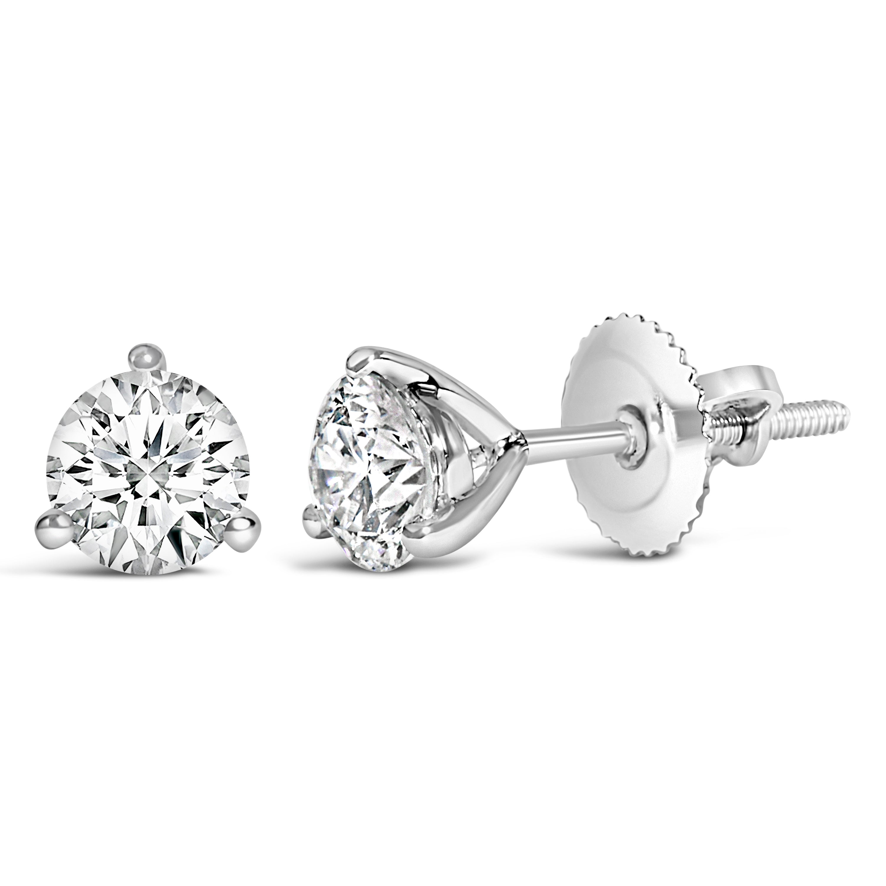 14K White Gold 1 1/2 Cttw 3-Prong Martini Set Brilliant Round-Cut Solitaire Lab Grown Diamond Screwback Stud Earrings (F-G Color, VS1-VS2 Clarity)