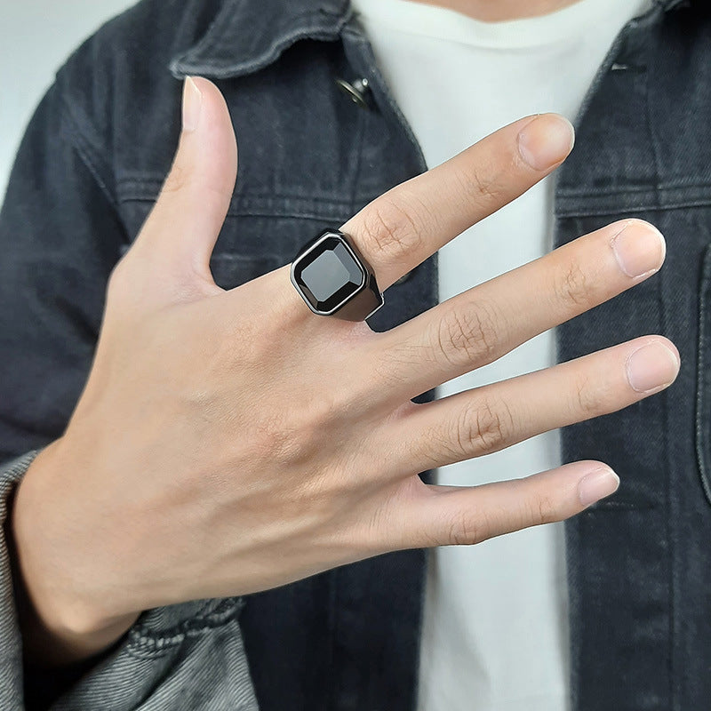 Color: Red black, Size: 11, Model: US - Men's Ring Stainless Steel Black Agate Ring Steel Color