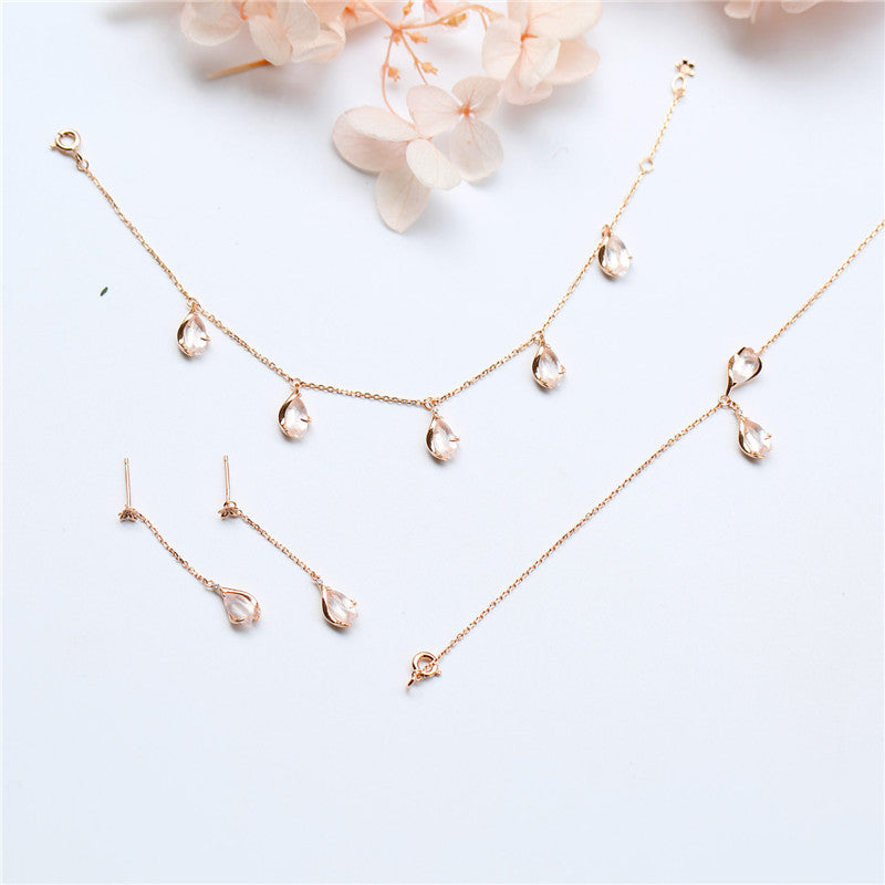 Color: Pink, Style: Two cherry blossoms - Pink Crystal Cherry Necklace Bracelet