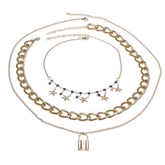 Retro Micro Diamond Starfish Punk Necklace Personality Geometric Lock Copper Bead Three-layer Necklace