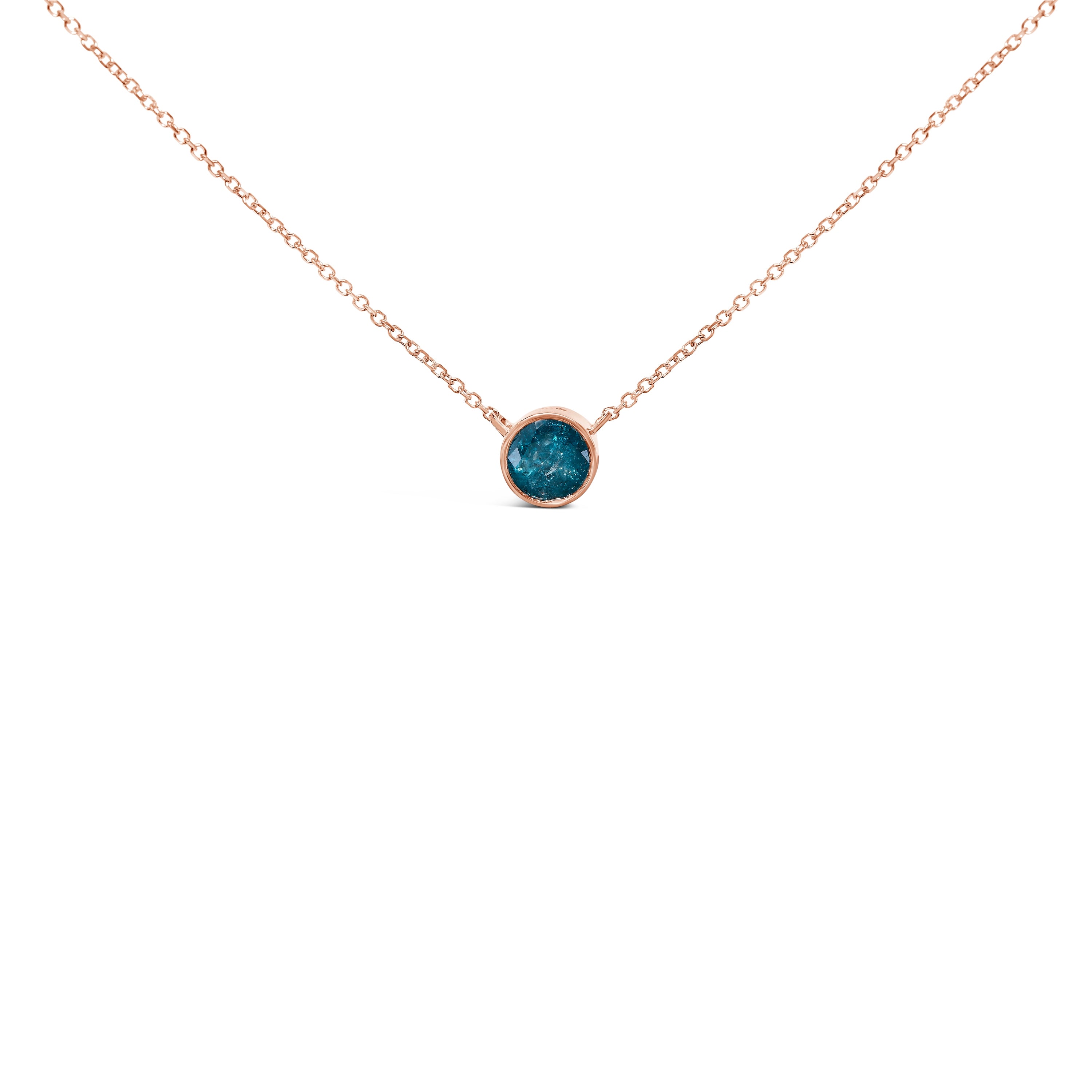 14K Rose Gold 2.0 Cttw Bezel Set Blue Diamond Solitaire Pendant Necklace  - 18" Inches