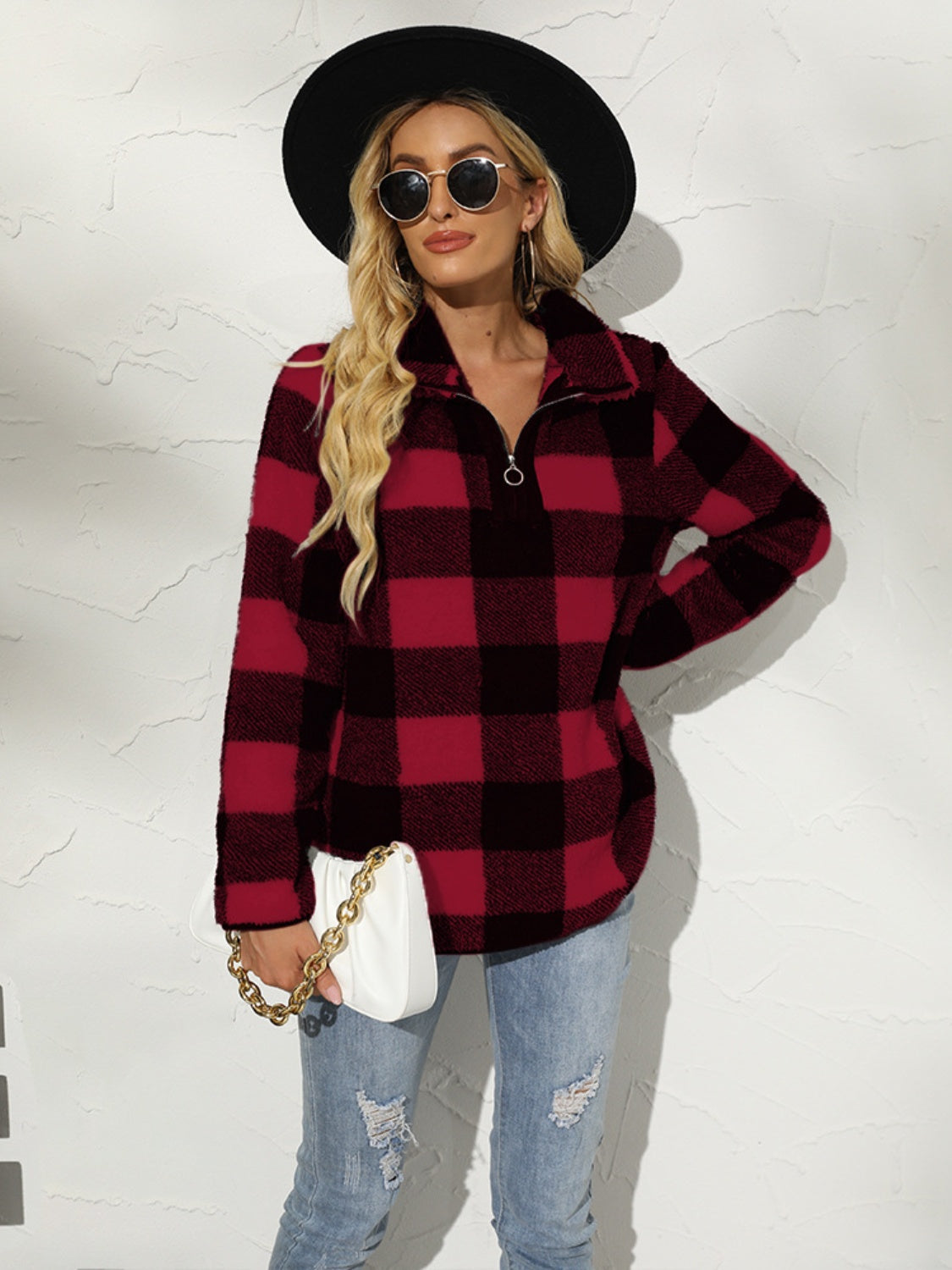 Plaid Half Zip Long Sleeve Sweatshirt