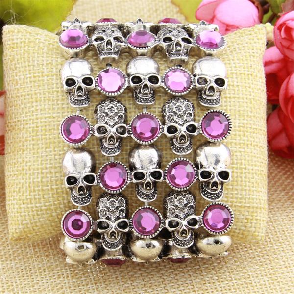Color: Rose Red - Skull skeleton stretch bracelet for women biker bling jewelry antique gold silver plated W crystal wholesale dropship