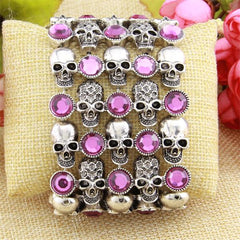 Color: Rose Red - Skull skeleton stretch bracelet for women biker bling jewelry antique gold silver plated W crystal wholesale dropship
