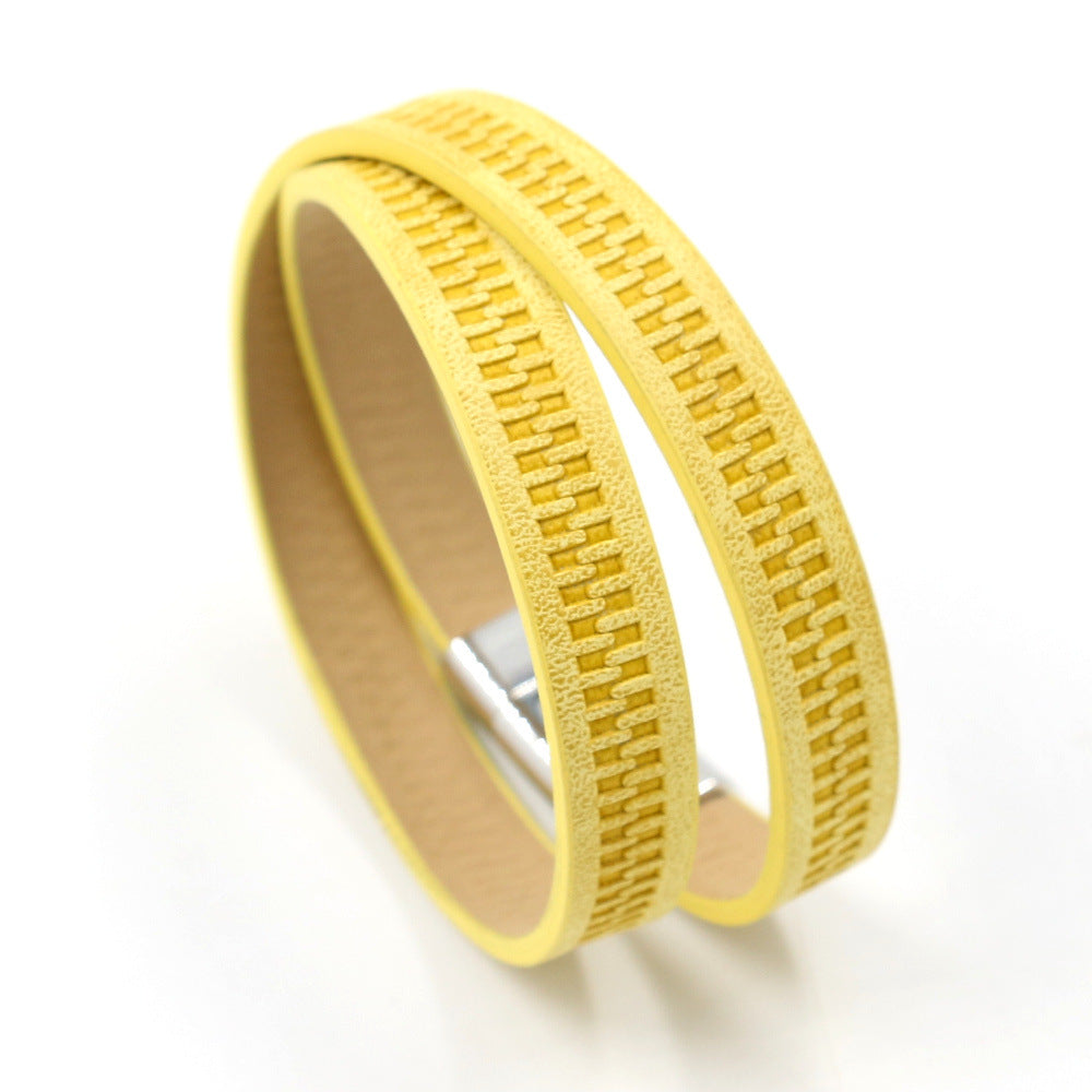 Fashion Embossed Zipper Pattern PU Imitation Leather Double Magnetic Buckle