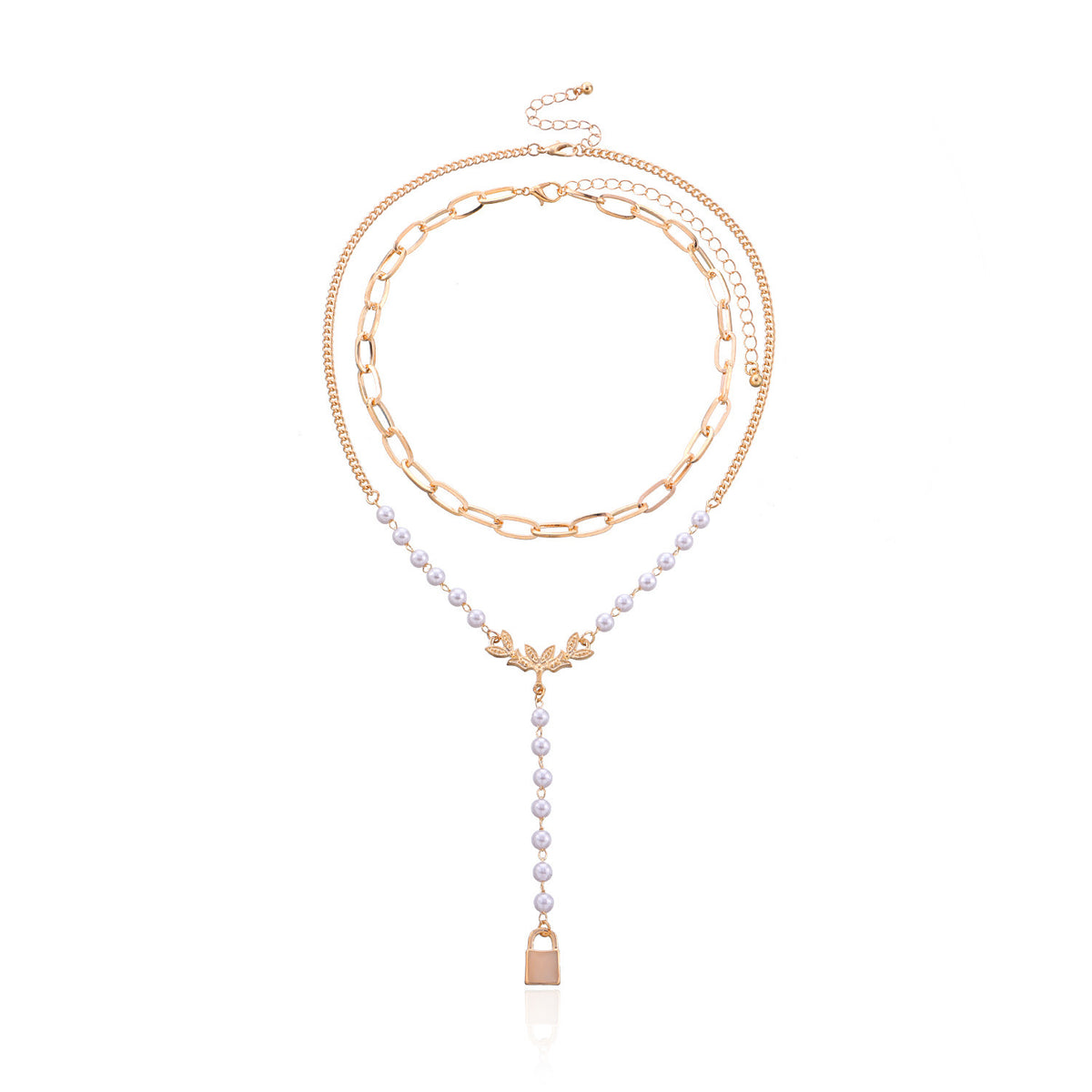 Stylish Patchwork Pearl Chain Lock-shaped Pendant Necklace Set