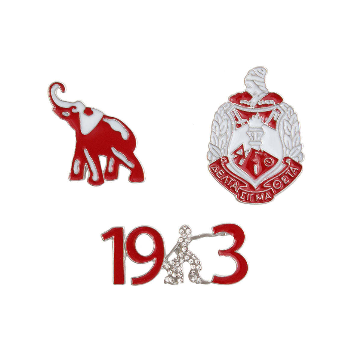 Set of three pins featuring a red elephant, a crest, and the number '1943' on a white background.