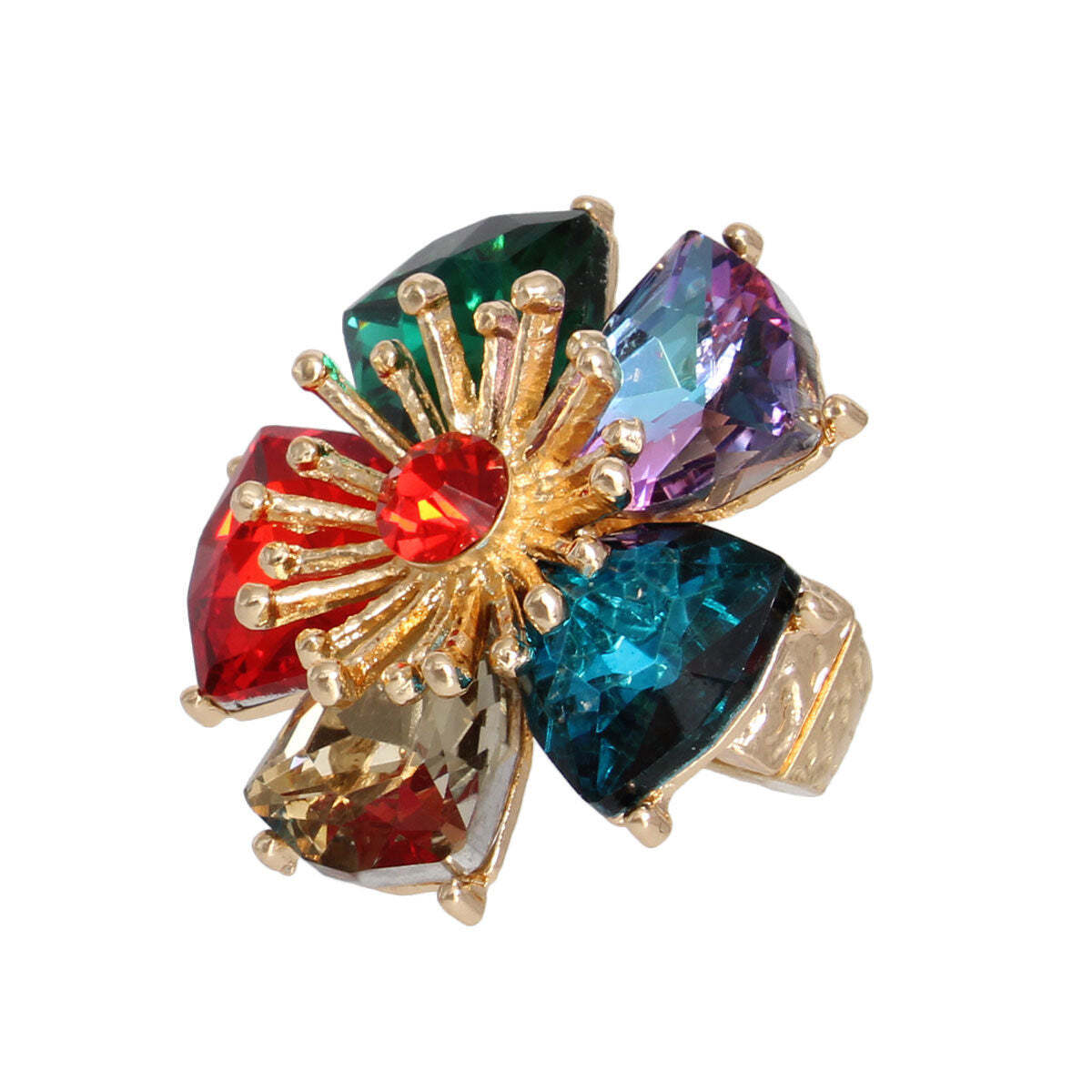 Multicolored gemstone ring with gold accents on a white background