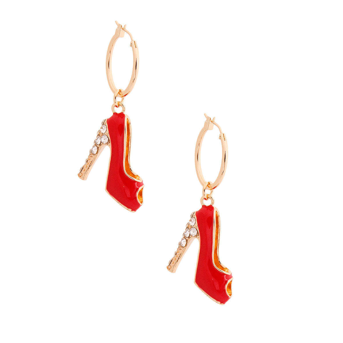 Red high-heeled shoe earrings with gold accents on a white background