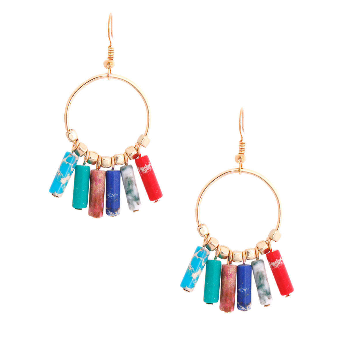 Gold hoop earrings with colorful cylindrical beads on a white background