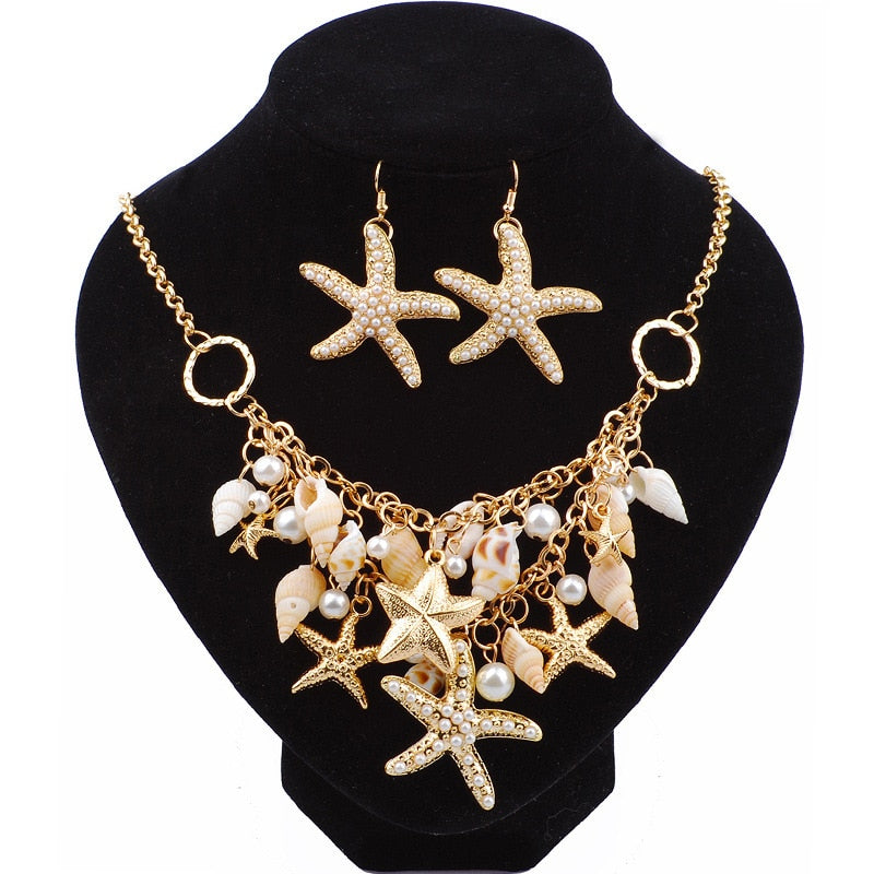 Jewelry set with necklace and earrings on a black stand
