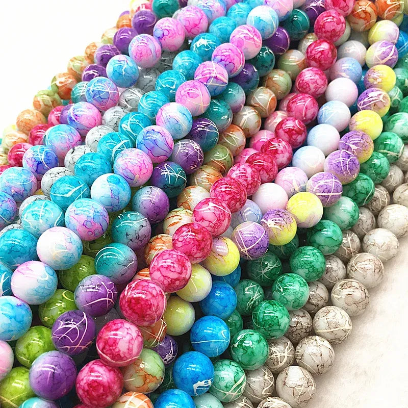 Color: Fluorescent Yellow, Item Diameter: 7mm - Wholesale 4/6/8/10mm Glass Beads Round Loose Spacer Beads Pattern For Jewelry Making DIY Bracelet Necklace