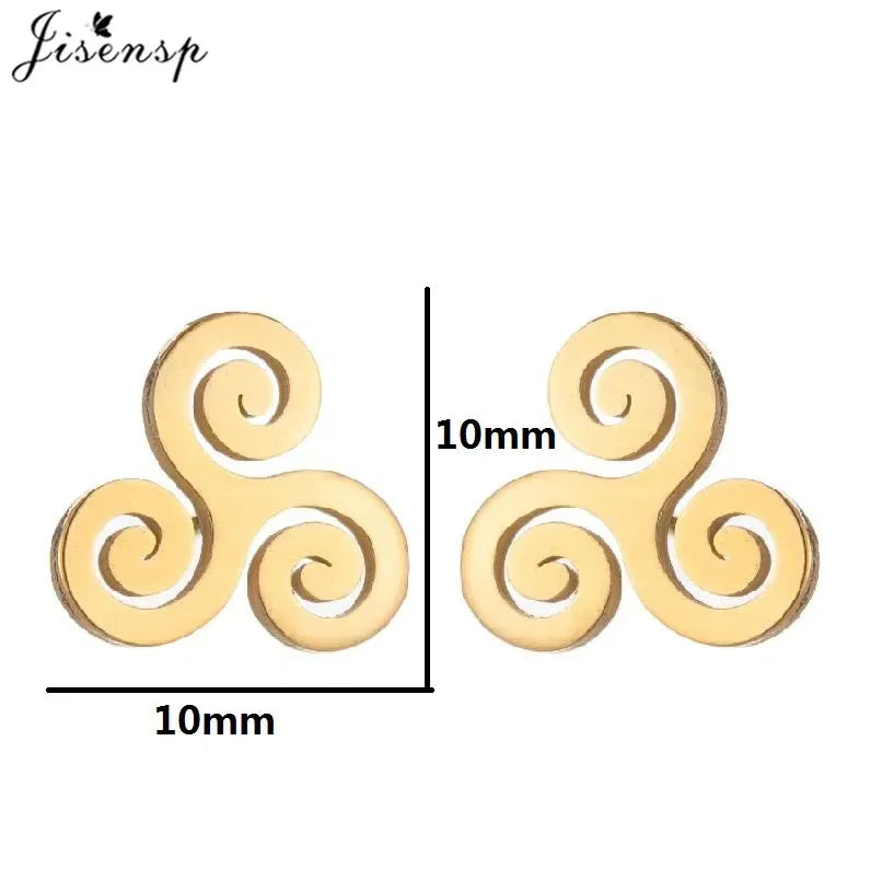 Metal Color: Rhodium Plated, Main Stone Color: Black - Cartoon The Movie Teen Wolf Triskele Triskelion Inspired Earrings Punk Stainless Steel Jewelry Triple Spiral Ear Studs Women Men